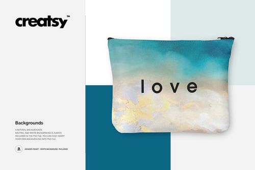 Bikini bag mockup displayed with a watercolor-style design in blue and beige tones and black text on the front.
