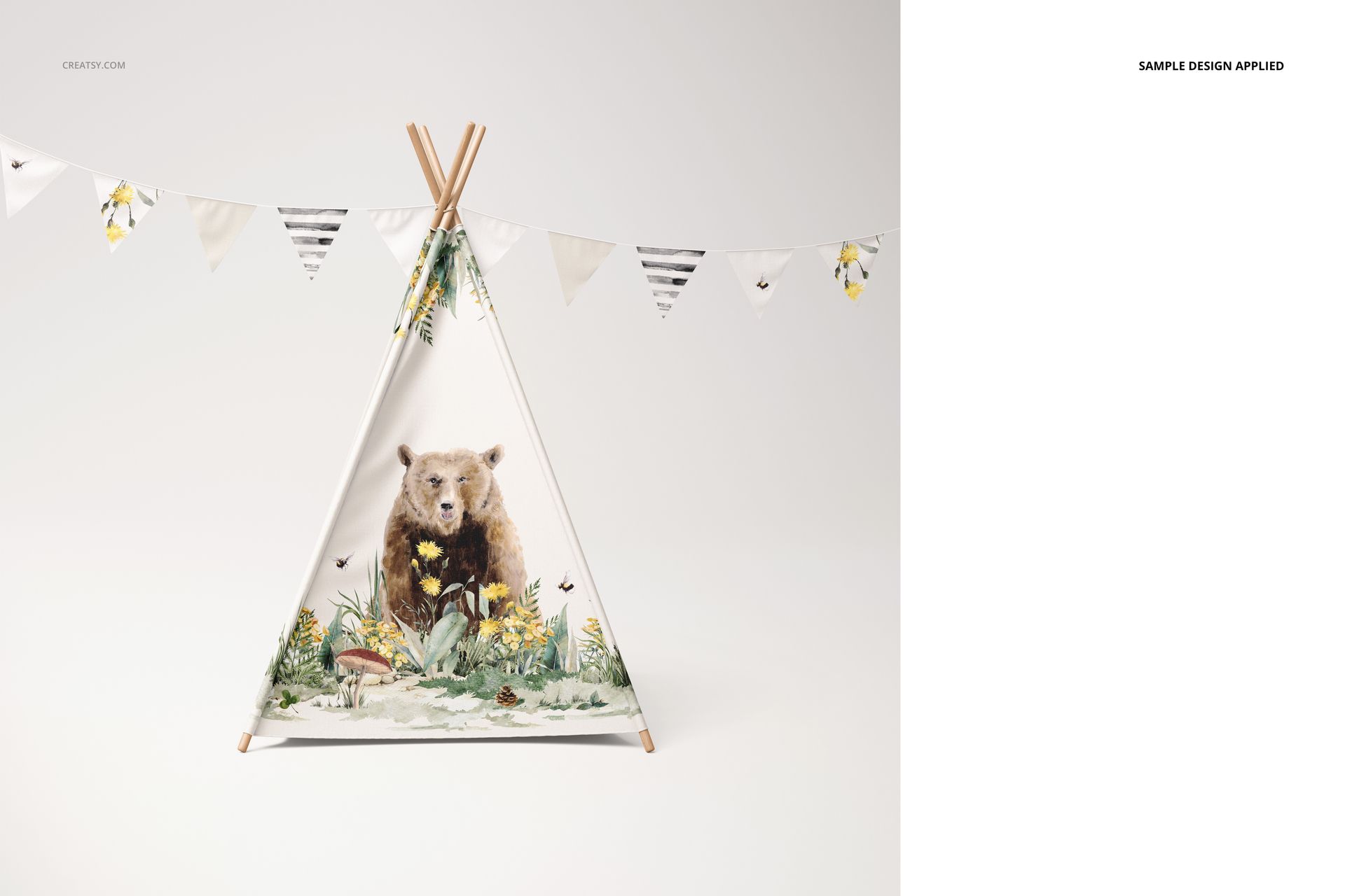 Front view of a teepee tent mockup with a bear illustration and nature-themed elements on a white background.