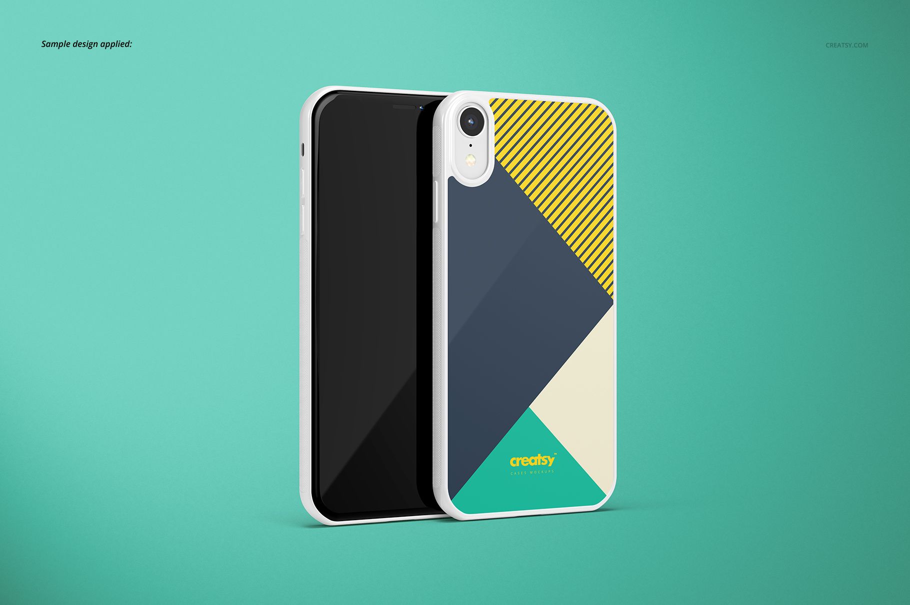 White iPhone XR 2D case mockup featuring abstract diagonal shapes and stripes, displayed on turquoise backdrop.