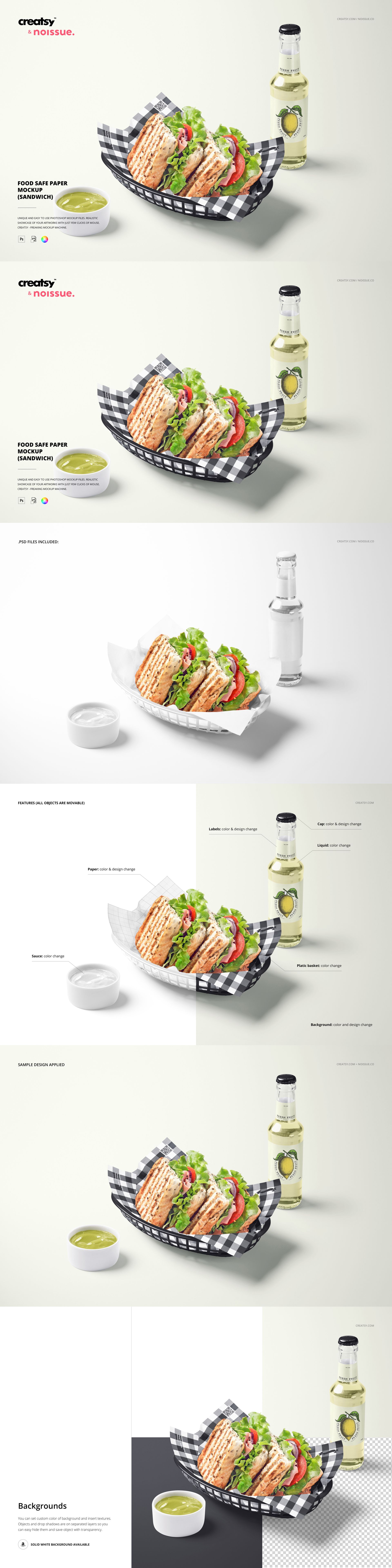 Food safe paper mockup featuring a basket of sandwiches wrapped in patterned paper, bottle of oil, and dipping sauce.