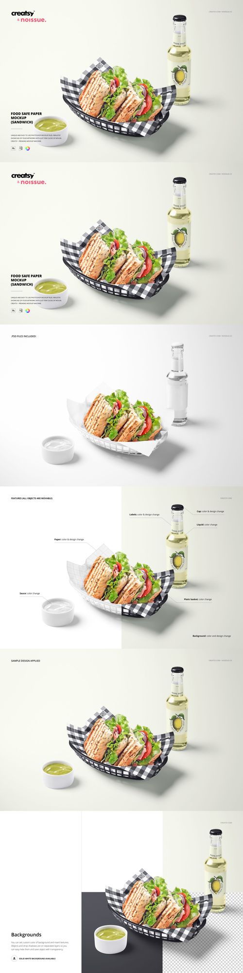 Food safe paper mockup featuring a basket of sandwiches wrapped in patterned paper, bottle of oil, and dipping sauce.