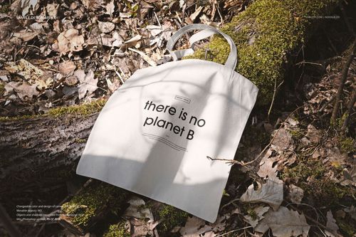 PSD mockup of a neutral tote bag with printed message, displayed outdoors on leaf-covered earth with moss and sticks.