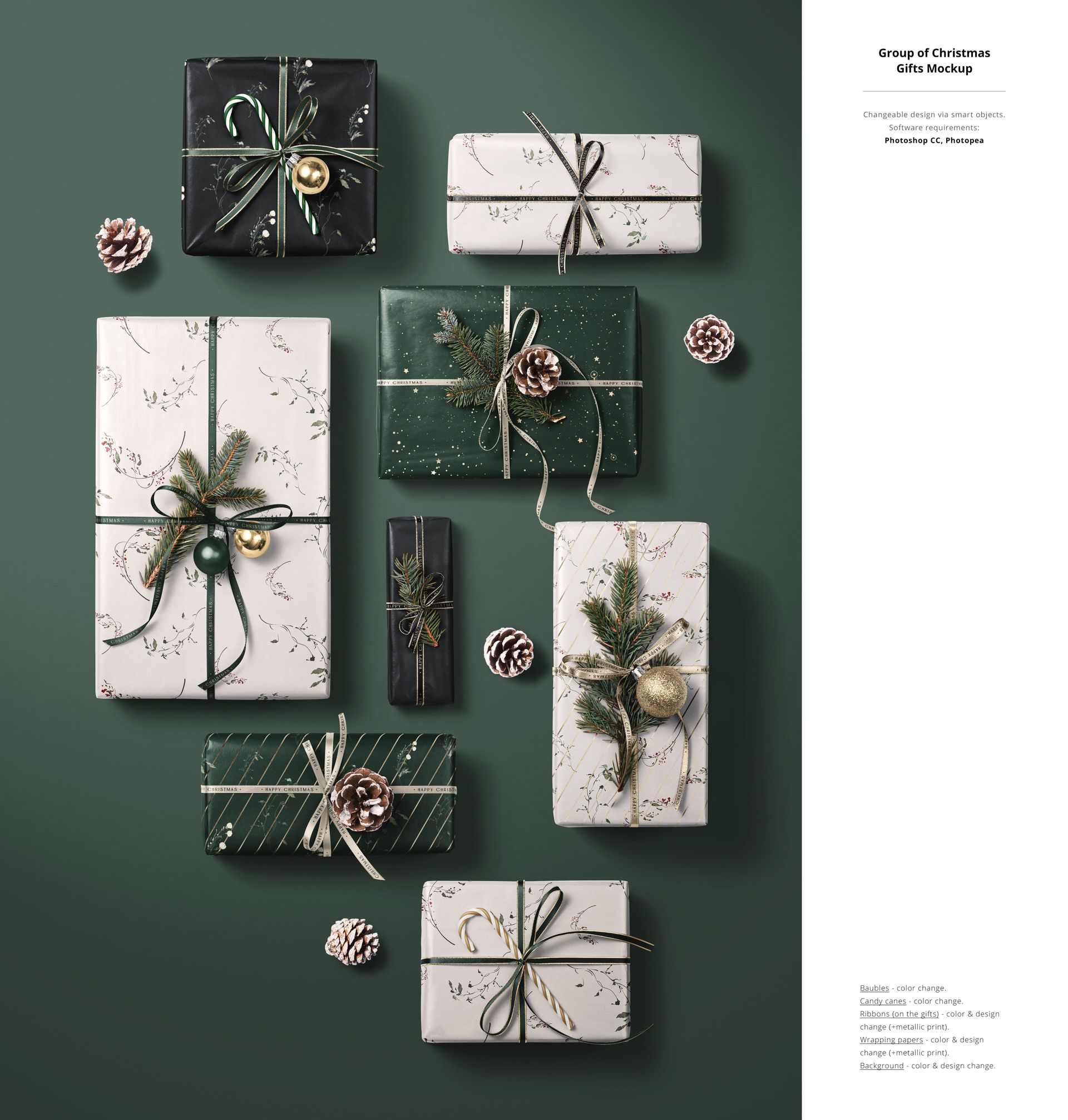 Christmas gift mockup set featuring variously sized boxes in holiday wrapping with ribbons and natural festive accents, overhead perspective.