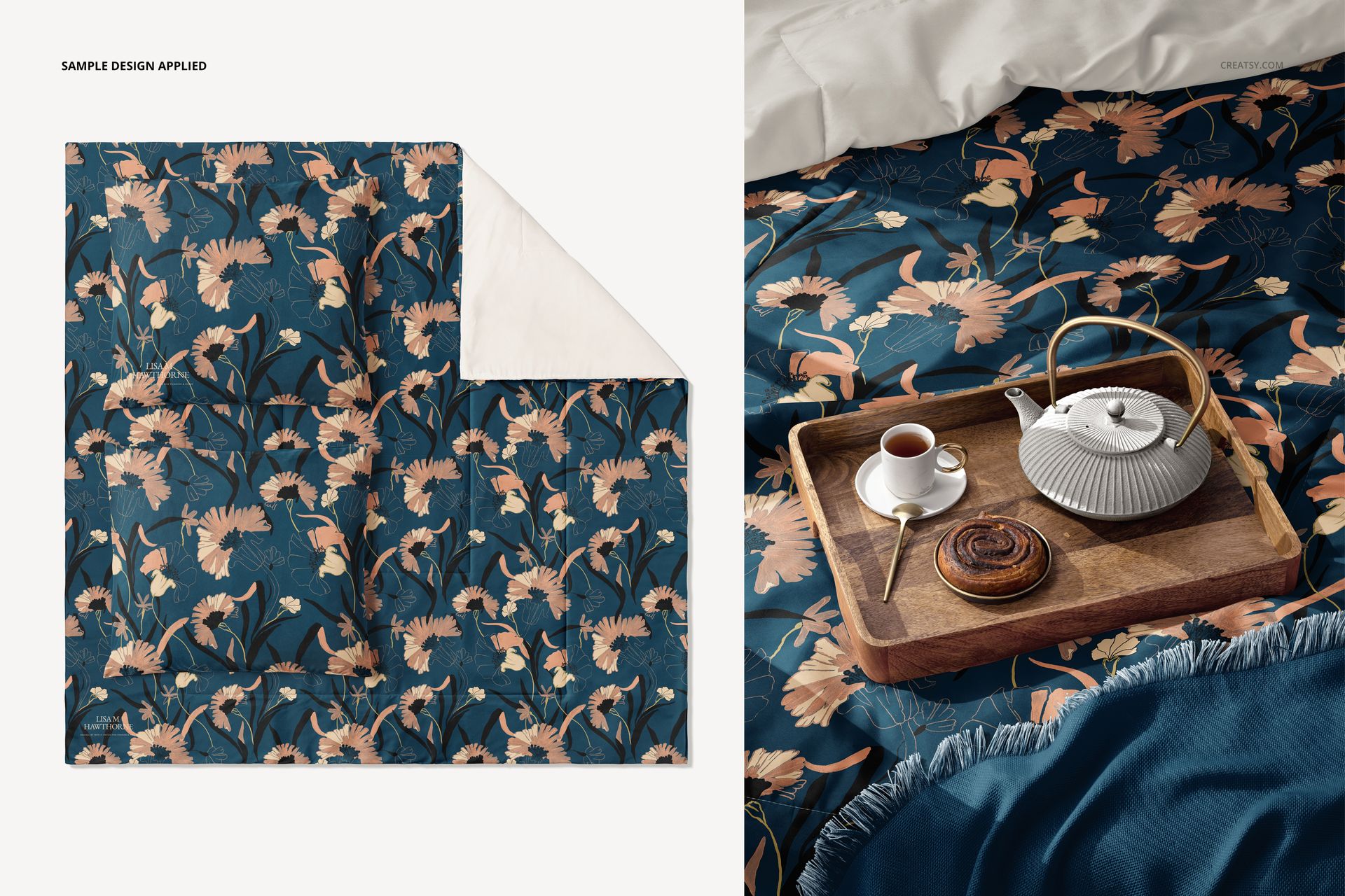 Floral-patterned microfiber comforter mockup displayed in a top view and on a bed with tea and pastry props.