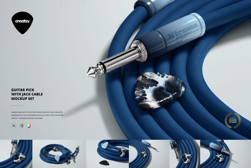 Guitar pick with marbled black and white pattern placed next to a blue jack cable, shown in a front view mockup.