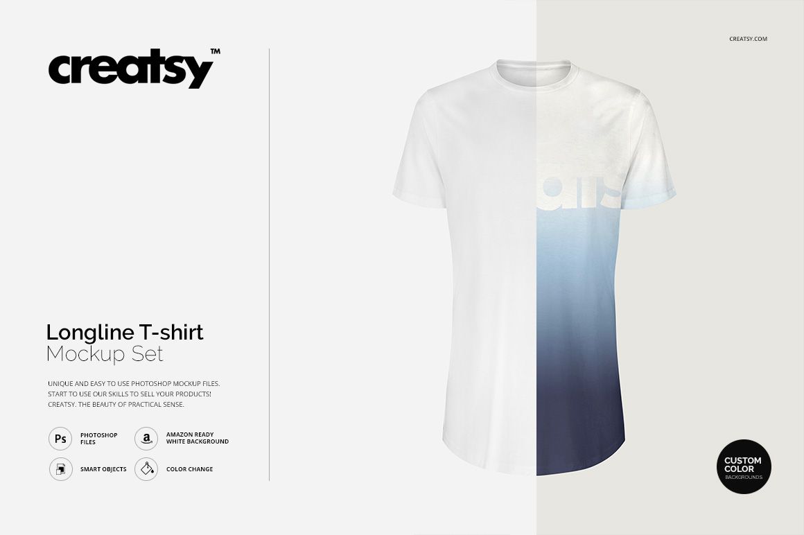 Front view of a longline t-shirt mockup with a white and blue gradient design, displayed on a plain background.