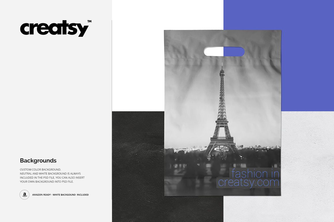 Front view of a plastic bag mockup featuring a grayscale Eiffel Tower design with a die-cut handle on a textured background.