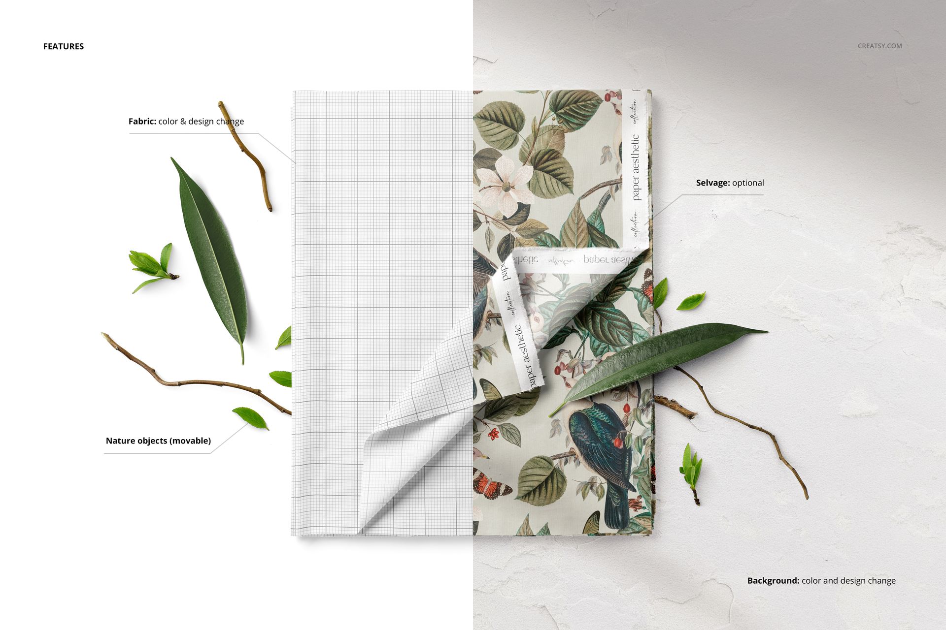 Folded fabric mockup displayed from a top view, featuring a botanical pattern and grid design with scattered leaves and twigs.