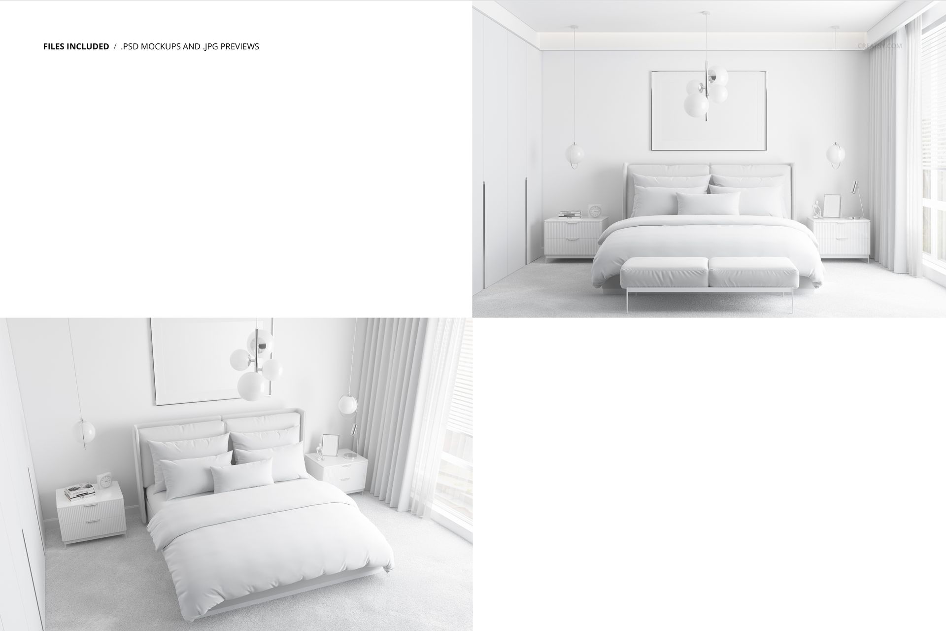 Front and angled views of a bedroom mockup with a double bed, white linens, nightstands, and large windows.