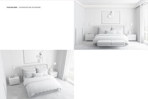 Front and angled views of a bedroom mockup with a double bed, white linens, nightstands, and large windows.