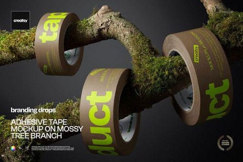 Brown adhesive tape rolls featuring bold green lettering are arranged on a moss-covered tree branch in a mockup scene.