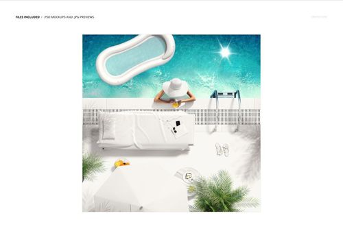 Swimming pool side PSD mockup featuring a white towel, person in sun hat, pool steps, and clear blue water.