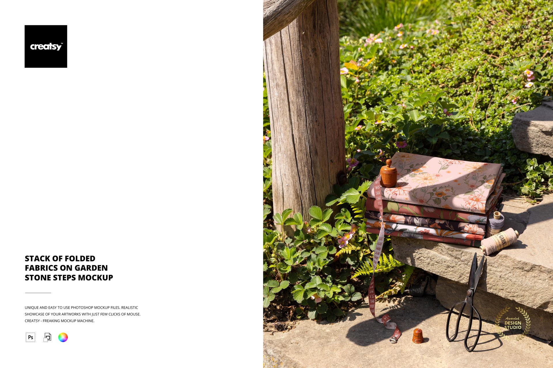 PSD mockup of patterned fabrics stacked on garden steps, with sunlight, foliage, and sewing tools in the scene.