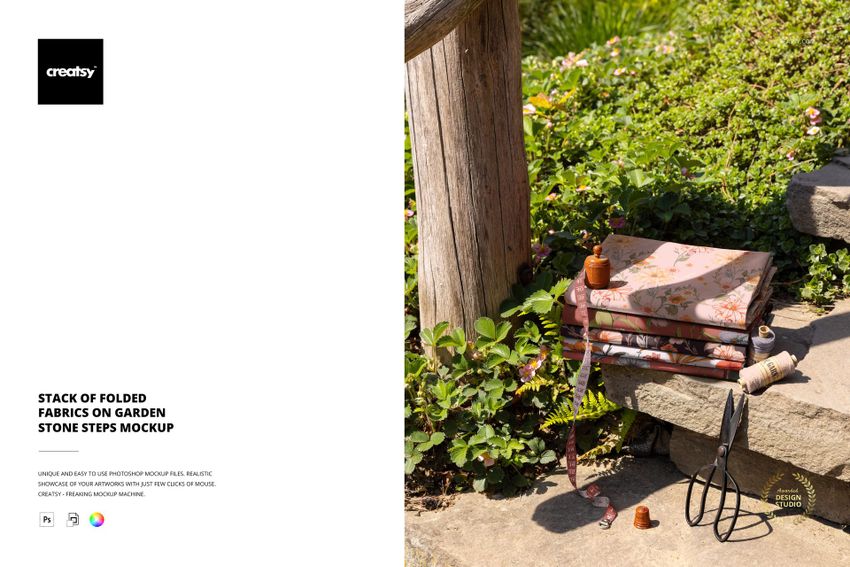 Stack of Folded Fabrics on Garden Stone Steps Mockup - mockup screenshot 1