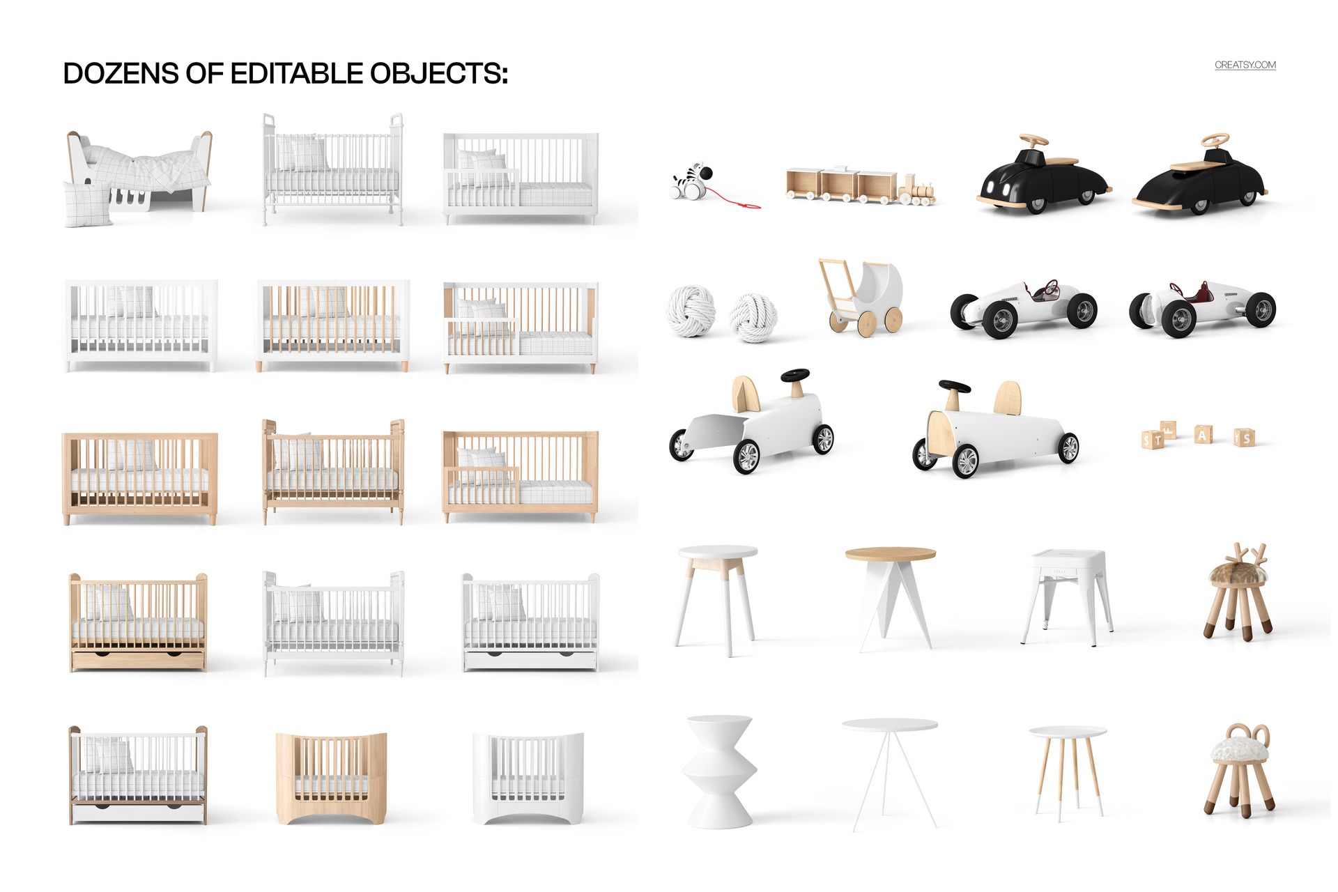 Front view of various baby cribs and nursery furniture in neutral colors, including mockup toys and tables.
