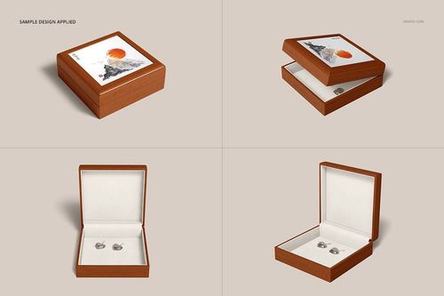 Ceramic tiled wood jewelry box mockup set showing closed and open boxes with white interiors and sample artwork.
