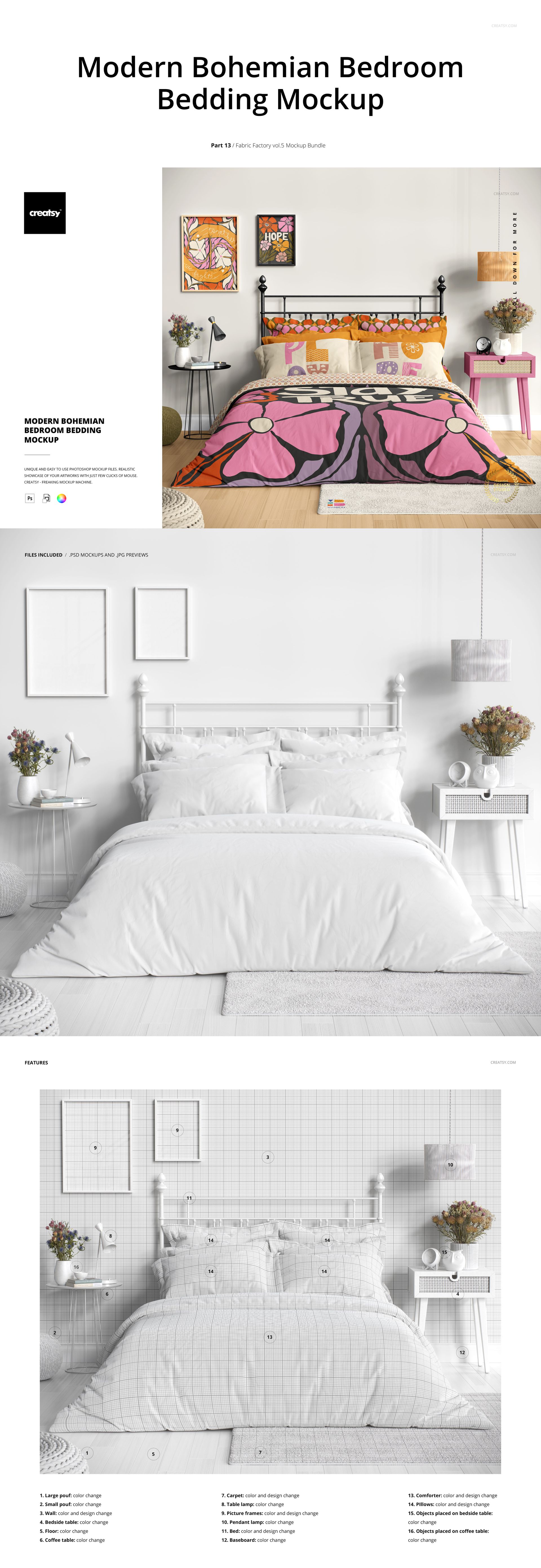 Mockup of a modern bedroom with a neatly made bed, white linens, bedside tables, and minimalist decor elements.