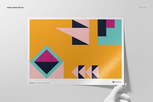 A3 fine art print mockup featuring geometric shapes in pink, navy, and yellow on textured white paper, top view.