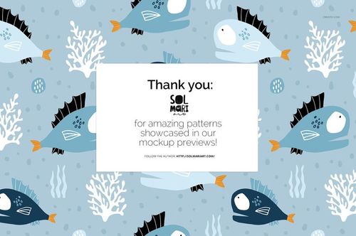 Cotton baby blanket mockup with blue and white fish pattern, shown from a top view on a light blue background.