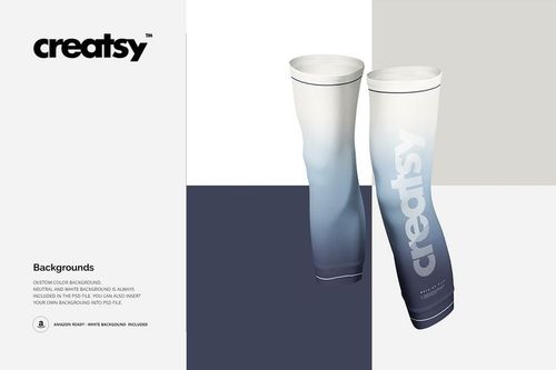 Pair of legs sleeves mockup featuring a smooth gradient from white to blue, shown upright on a split color backdrop.