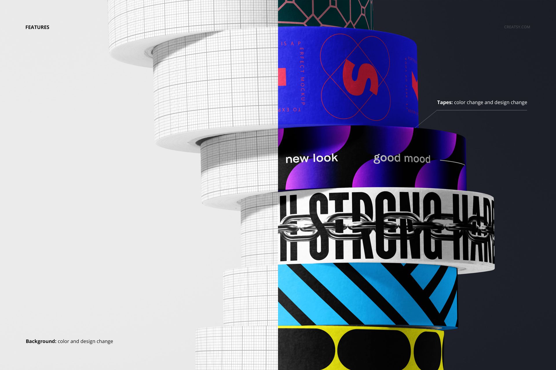 Front view of stacked packaging tape rolls mockup with various colorful patterns and designs on each roll.