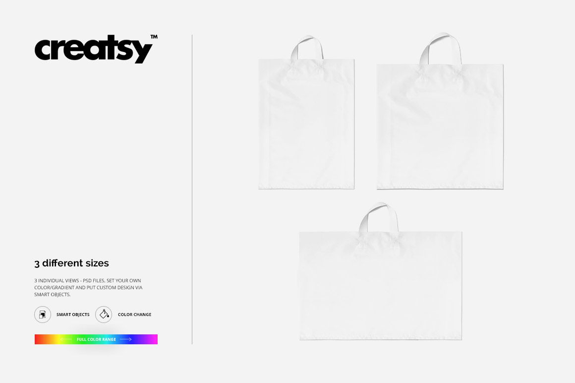 Plastic Bags Mockup PSD set featuring three white bags in varying sizes, viewed from the front on a white surface.