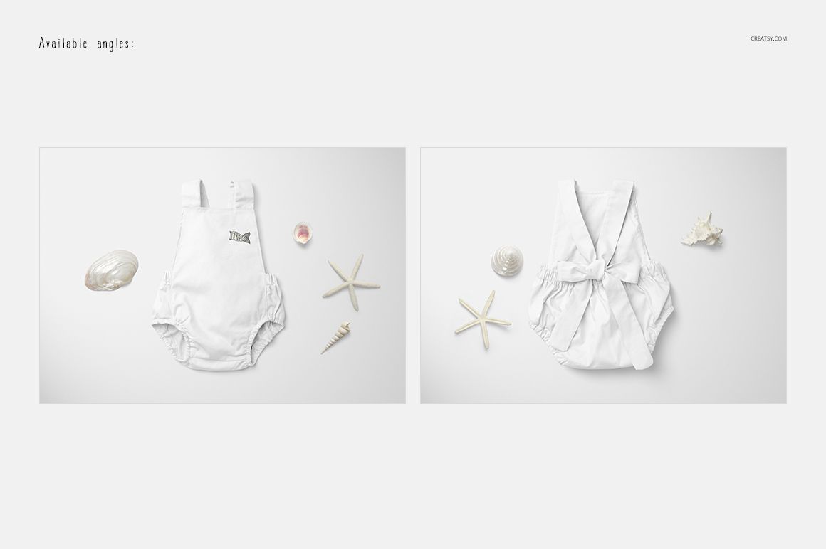 Baby romper PSD mockup set showing front and back angles, with white fabric and beach-themed props on a plain surface.