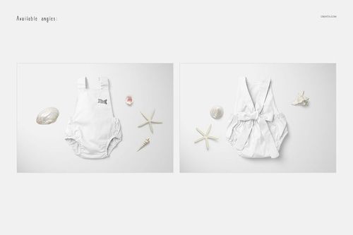 Baby romper PSD mockup set showing front and back angles, with white fabric and beach-themed props on a plain surface.