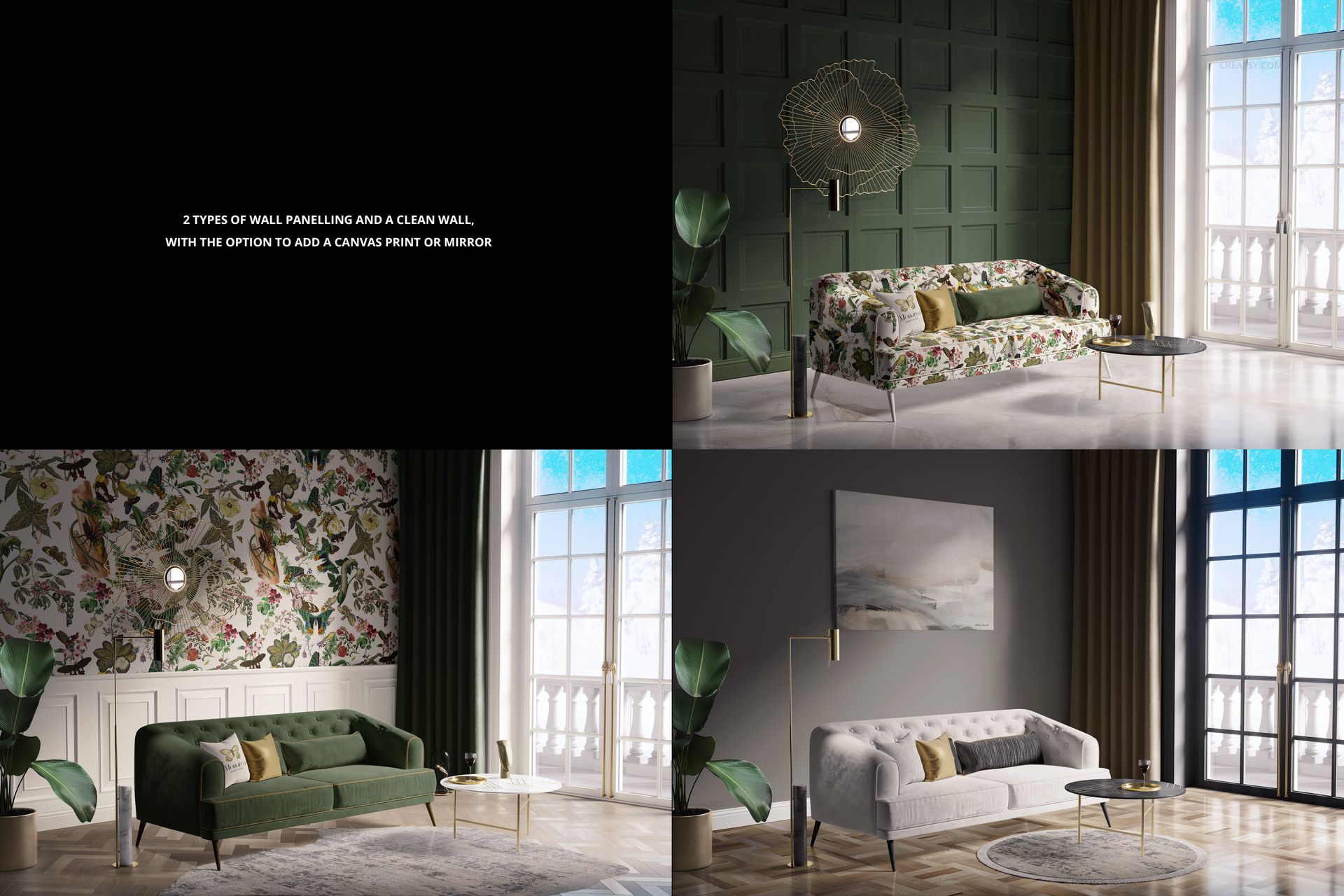 Retro living room mockup set featuring three sofa styles, custom rugs, and varied wall panel designs in bright daylight.