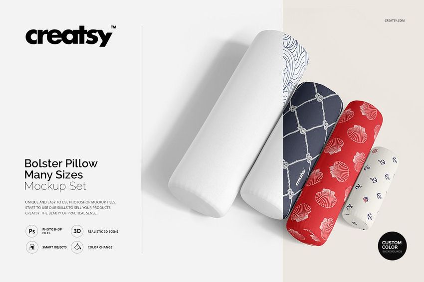 Bolster pillow PSD mockup set with three cylindrical pillows in white, blue with geometric lines, and red with shell motifs.