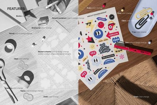 Kiss cut sticker mockup set displayed on a desk with pens, clips, and ruler, viewed from above in natural light.