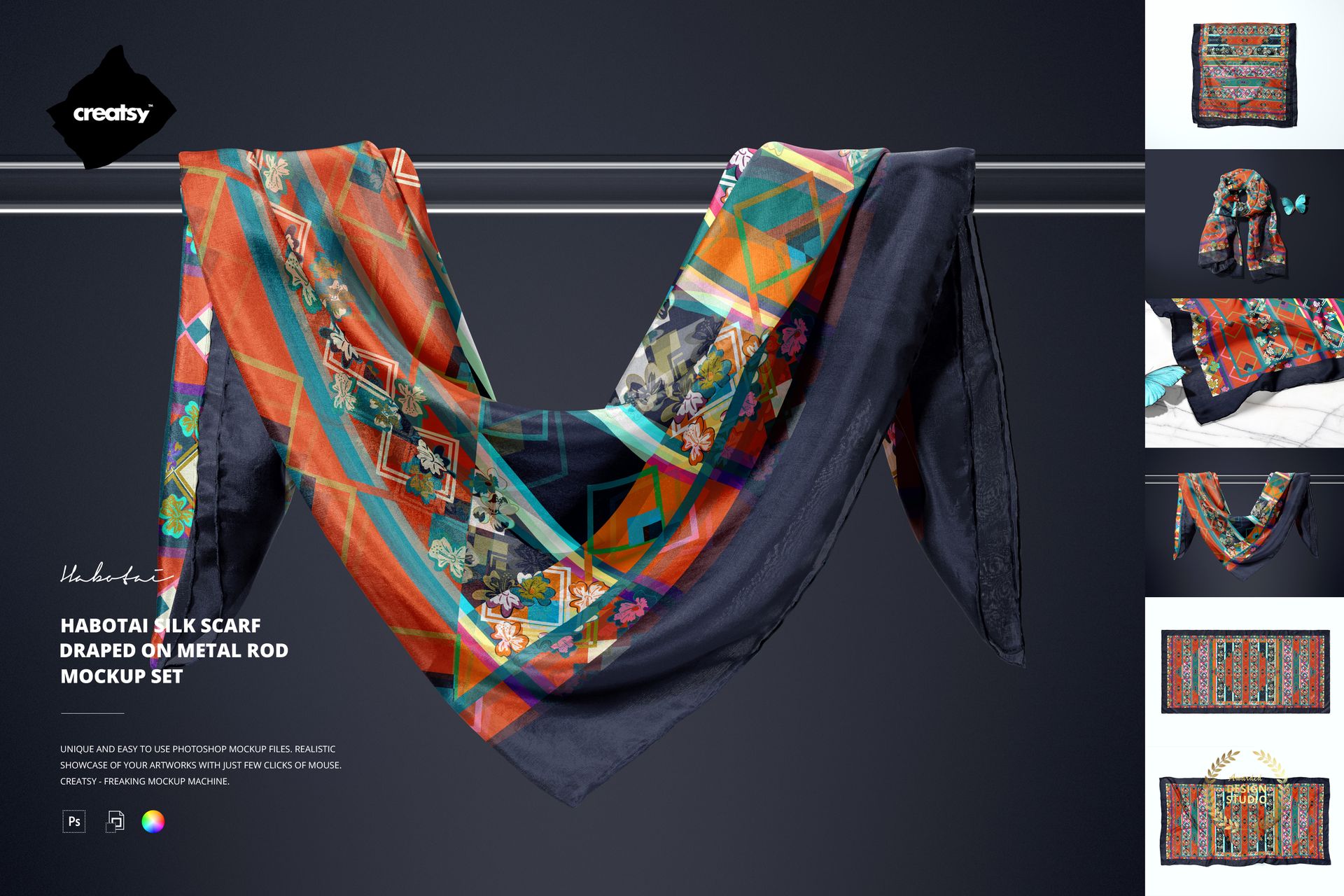 Habotai silk scarf mockup set showing a colorful patterned scarf hanging and folded in multiple studio scenes.