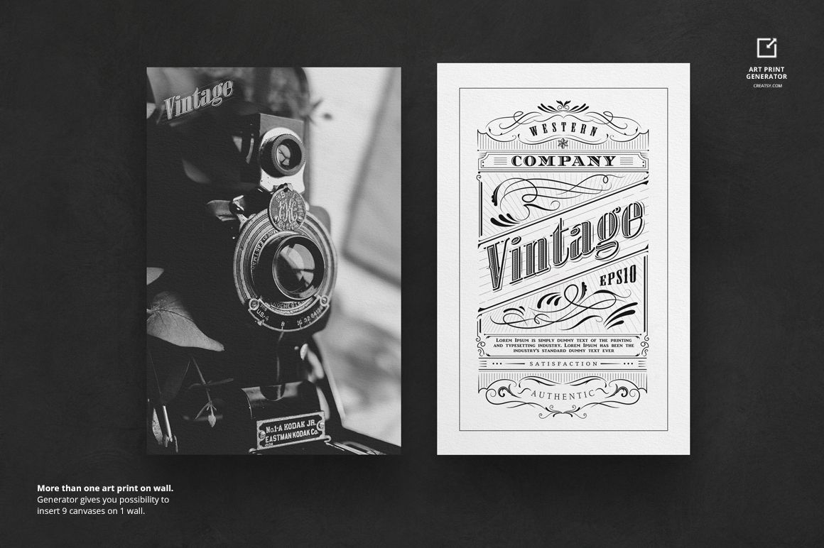 Mockup showing two rectangular art prints, one with a retro camera image and one with ornate vintage typography, on a dark surface.