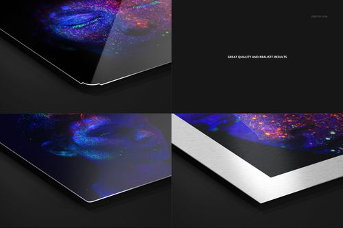 Closeup views of aluminum print mockup showing glossy and matte finishes, sharp and rounded corners, and vibrant artwork.