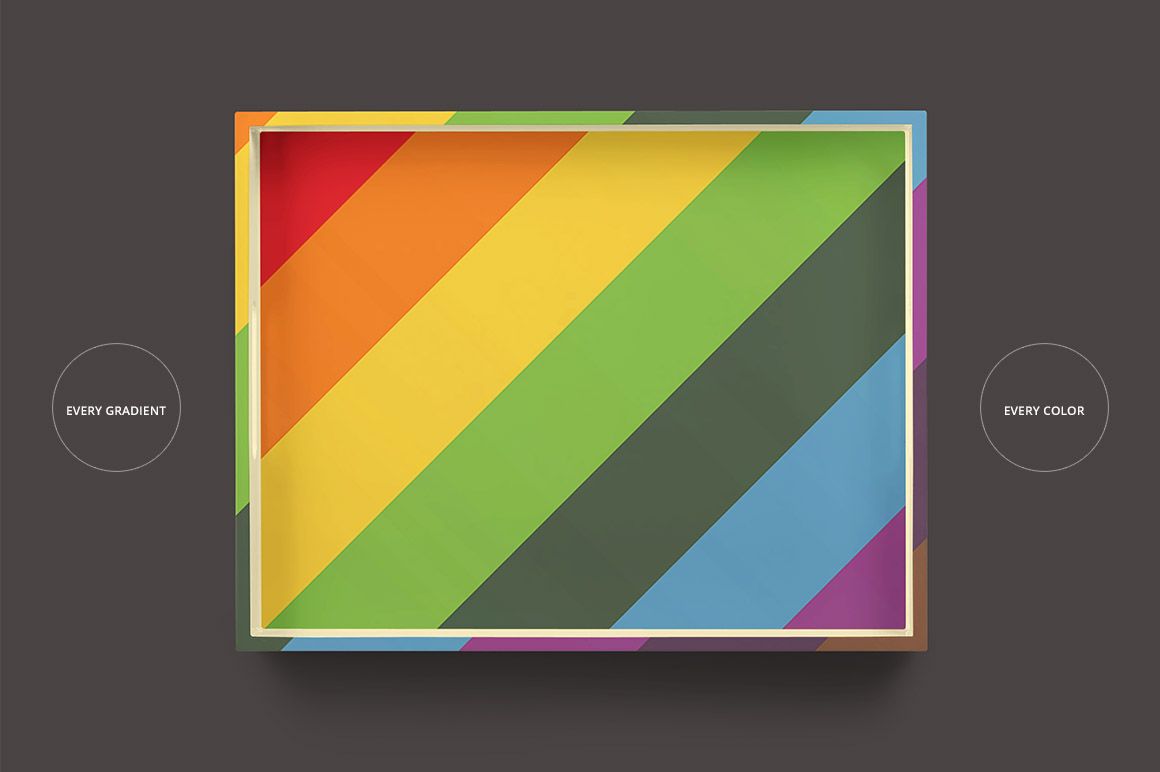 Colorful tray mockup featuring diagonal stripes in red, orange, yellow, green, and blue, viewed from above.