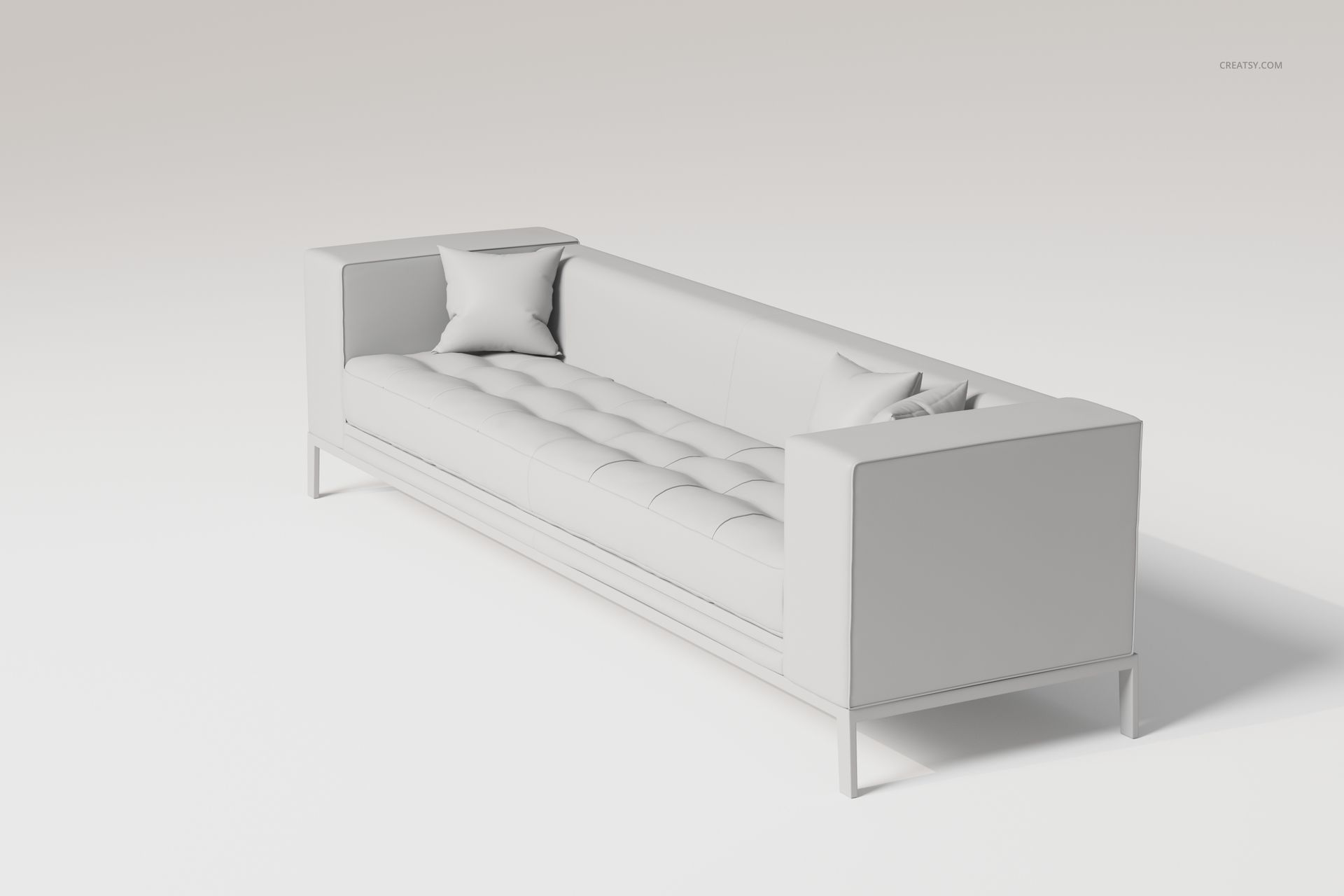 Extra long loft style sofa with tufted seat cushion, two square pillows, and minimalist armrests on a white background.