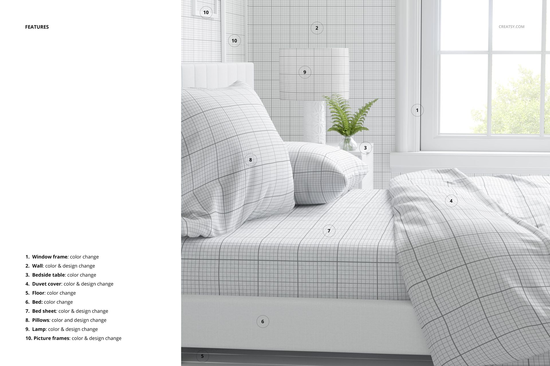 Brushed cotton bedding mockup with a light gray checkered design, shown in a bright room with a window and plant.