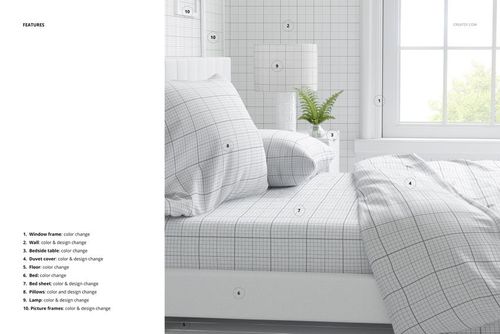 Brushed cotton bedding mockup with a light gray checkered design, shown in a bright room with a window and plant.