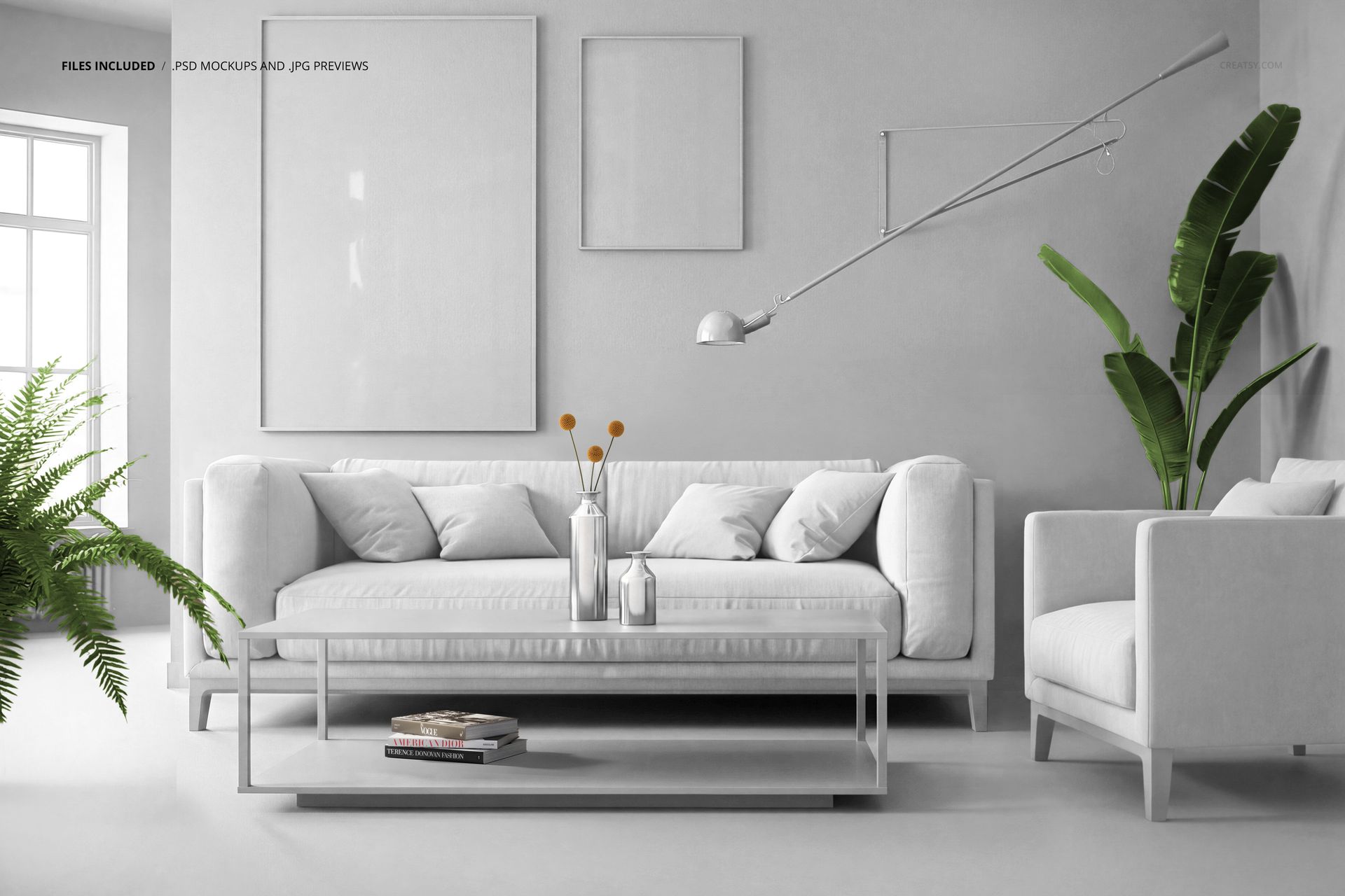 Front view of a contemporary sofa and armchair mockup in a bright living room with neutral tones and leafy plants.