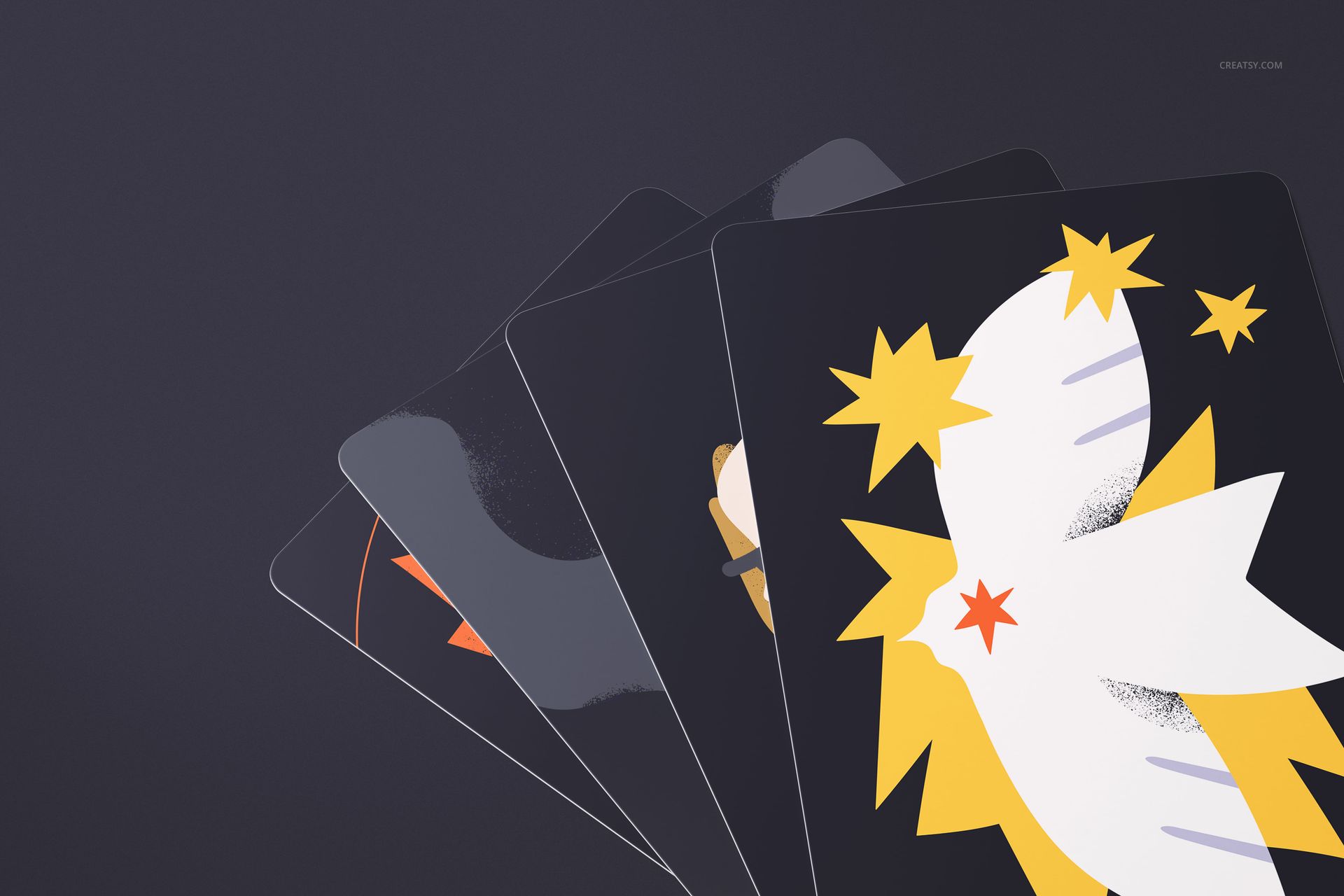 PSD mockup of several tarot cards fanned out, showing stylized illustrations with prominent yellow accents.
