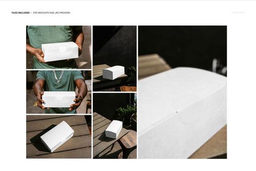 Rectangular takeaway box mockup shown outdoors in various perspectives, featuring plain white surfaces and natural lighting.