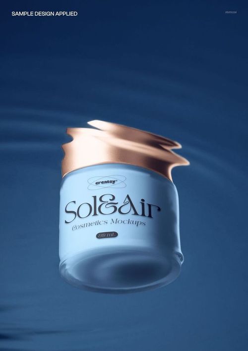 Glass cosmetic jar with a metallic lid floating on a rippled water surface, shown in a photorealistic mockup.