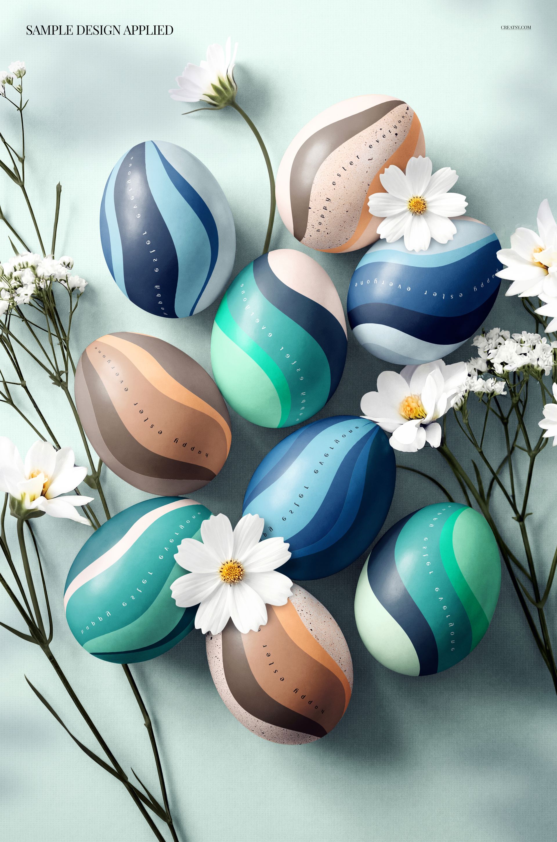 PSD mockup featuring eight decorative Easter eggs in blue, green, and brown tones with white flowers scattered around.