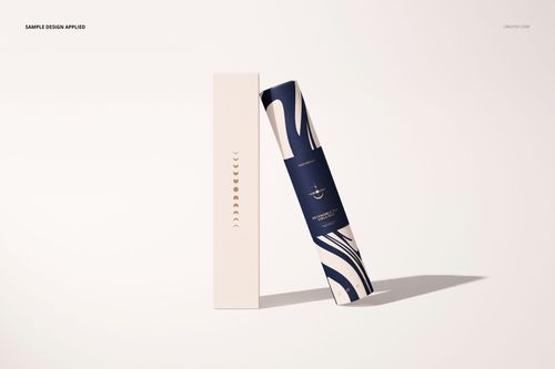 Yoga mat mockup featuring a rolled mat with bold blue and white design, positioned beside a minimalist packaging box.