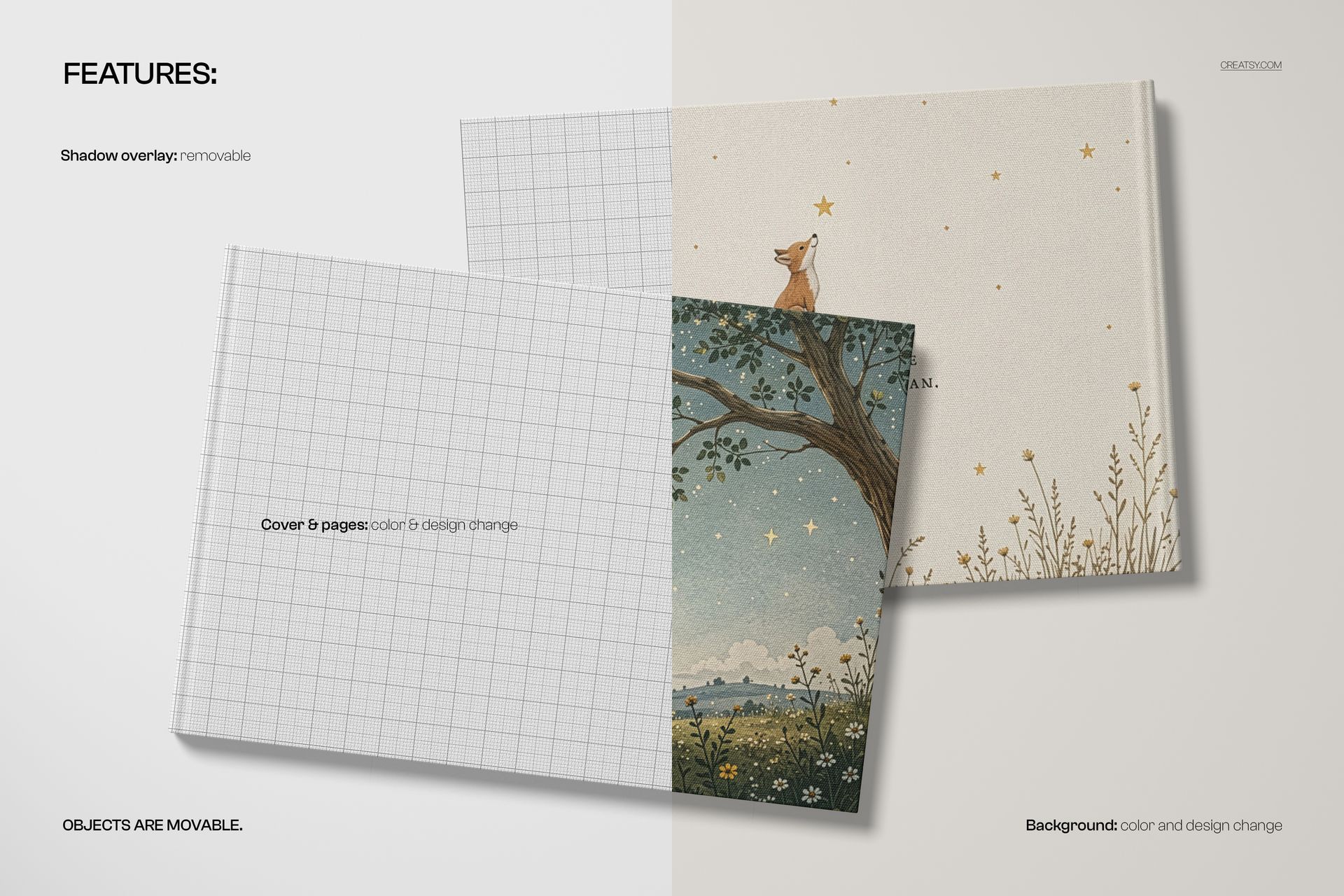 A4 landscape book mockup showing two books, one with a grid cover and one with an illustrated cover, viewed from above.