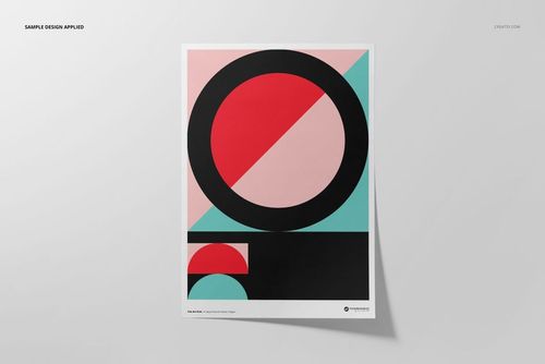 A3 fine art print mockup featuring a geometric abstract design with black, red, pink, and teal shapes on a white background.