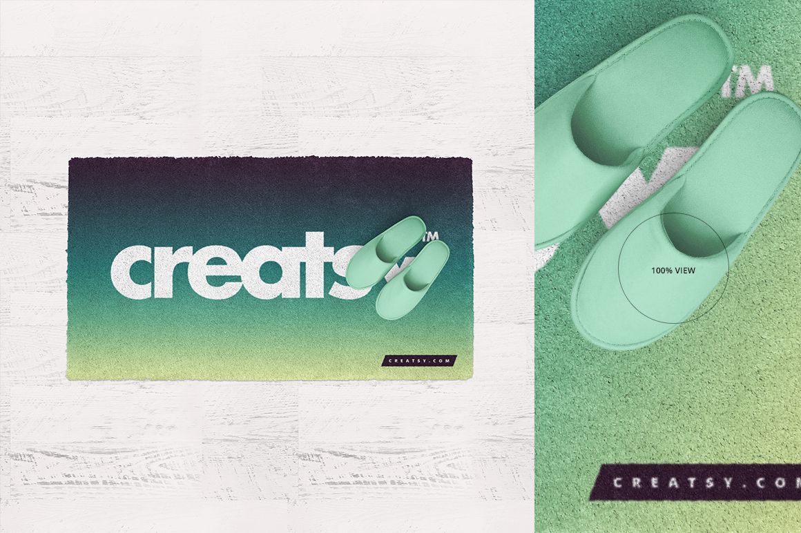 Top view of a rug mockup set featuring a green ombre rug and matching slippers placed on a textured white surface.