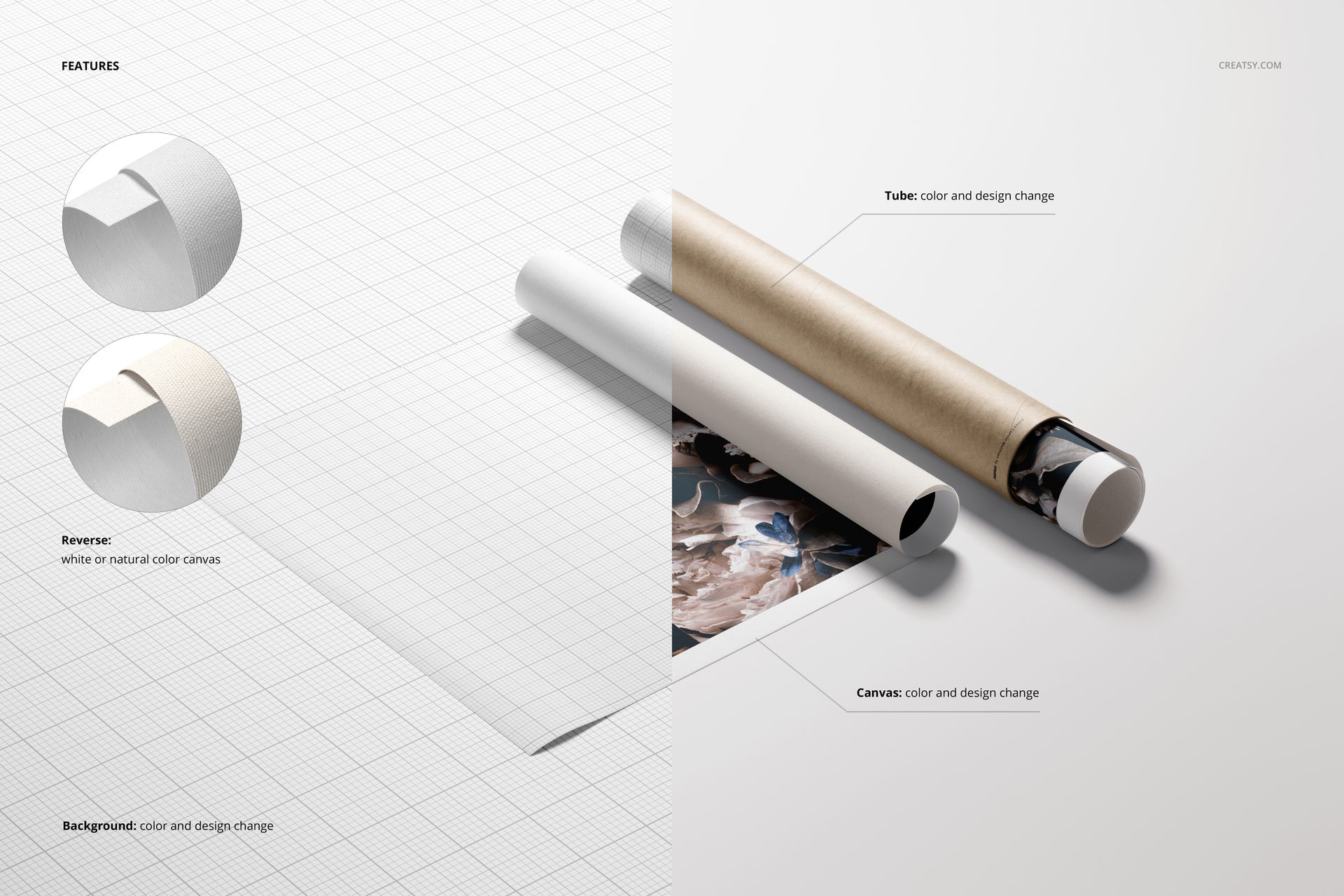 PSD mockup featuring a rectangular canvas print and open paper tube, both displayed in a clean top-view layout.