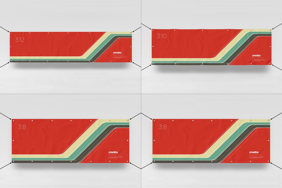 Front view of four rectangular outdoor banner mockups with geometric red and green patterns against a white background.