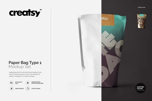 Paper bag mockup featuring bold geometric shapes in teal and brown, displayed upright against a light backdrop.
